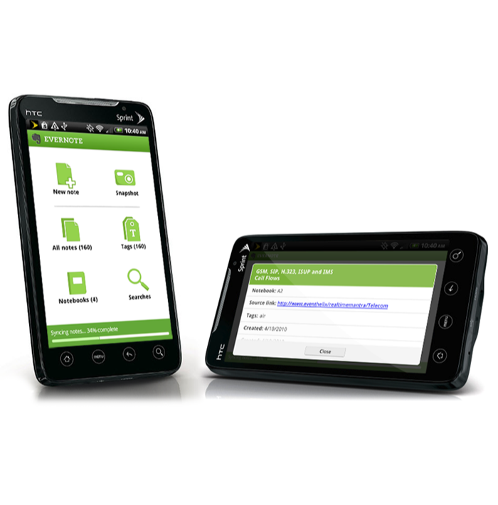 Two phones showing the original Evernote Android UI