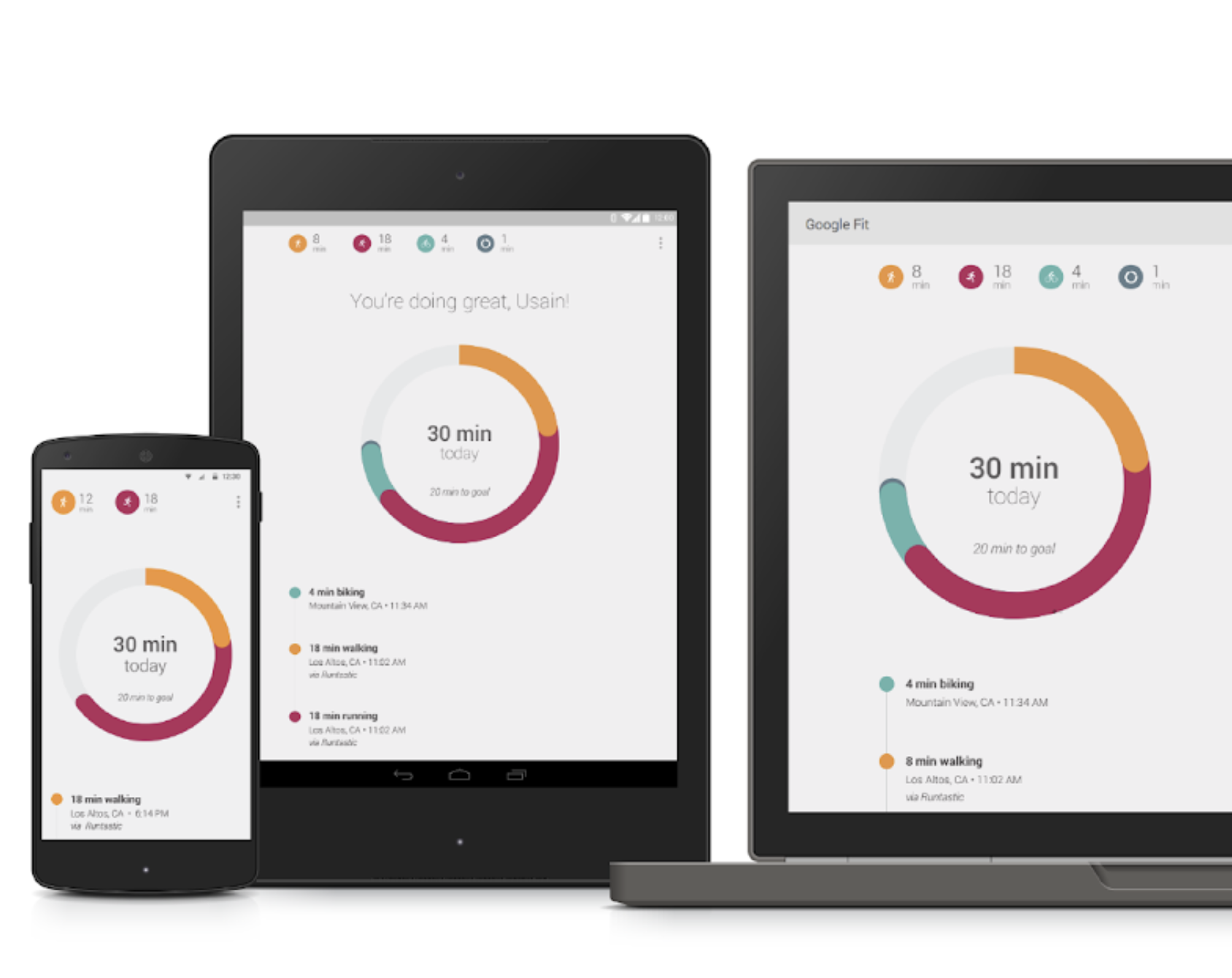 A collection of devices with the Google Fit original UI showing on each one