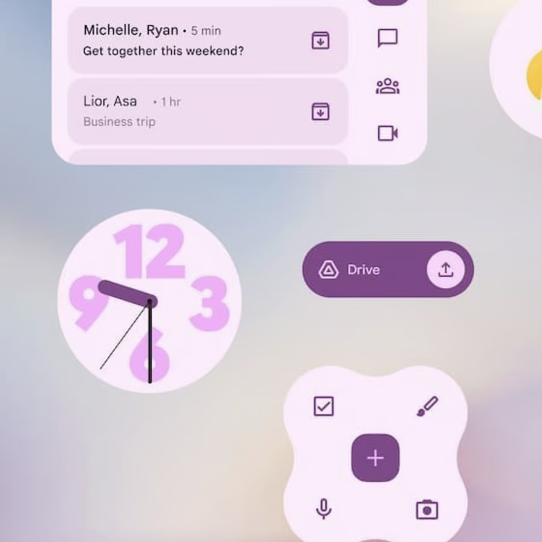 A display of various Material Design components: notifications, a clock, and some buttons