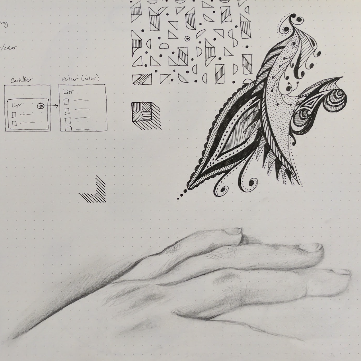 a photo from my sketchbook showing a drawing of a hand, and some abstract designs